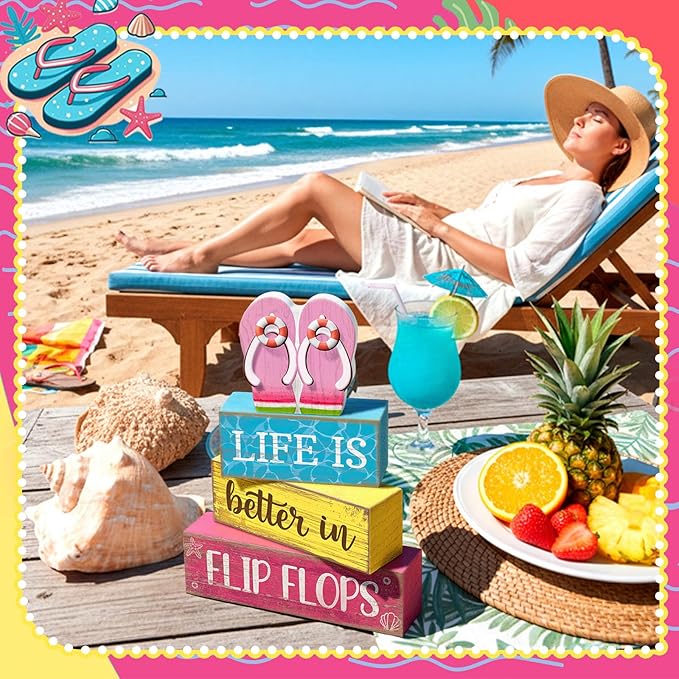 Yuntau 4 Pcs Summer Decorations for Office Hawaii Table Decorations Wooden Sign Flip Flops Table Centerpiece Summer Tiered Tray Decor Decorative Faux Book Stack Block for Coffee Mantel Floating Shelf