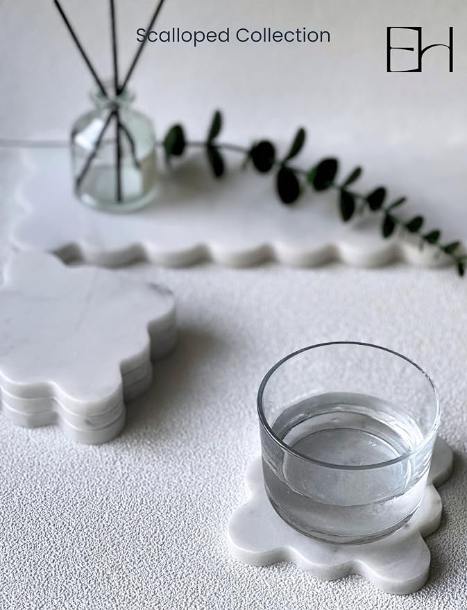Marble Coasters Set of 4 - Natural Stone Coaster for Drinks, Modern Cup Holders, Bar Coffee Table Desk Decor, Cool Home Decor 4" (Calacatta White, Scalloped Wave)