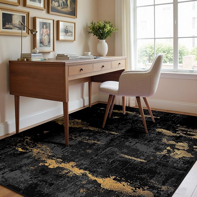 RELEANY Washable Area Rugs 4'x6' Non-Slip Modern Abstract Soft for Living Room Entryway Bedroom Nursery, Print Pattern, Dark Black Gold