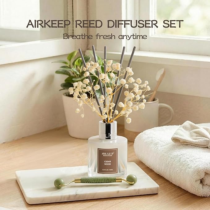 Airkeep Reed Diffuser Set,3.38 fl oz (100 ml) - Cedar Wood Oil Diffusers with 8 Reed Sticks, Home Fragrance Reed Diffuser for Bathroom Shelf Decor