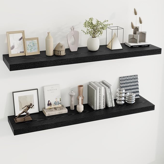 Dreamland 55Inch Black Floating Shelves 9.8" Deep Wall Mounted Set of 2 | Wall shelves for bathroom, bedroom, Living Room, kitchen, deep wall mount wood storage display for home decor 55" x 9.8"