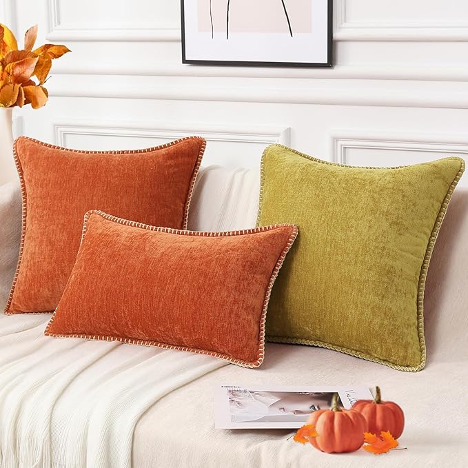 decorUhome Chenille Soft Cozy Throw Pillow Covers 12x20 Set of 2, Modern Farmhouse Boho Velvet Decorative Pillow Cases with Stitched Edge for Couch Sofa Bed Home Decor, Rust
