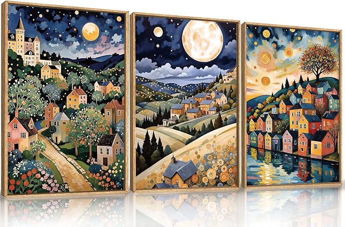 LHIUEM Large Abstract Colorful Framed Canvas Wall Art,Retro Night Village Wall Decor,Natural Moon Stars Wall Painting,Gustav Klimt Scenery Artwork for Living Room,Bedroom,Dining Room,Office -16"x24"x3
