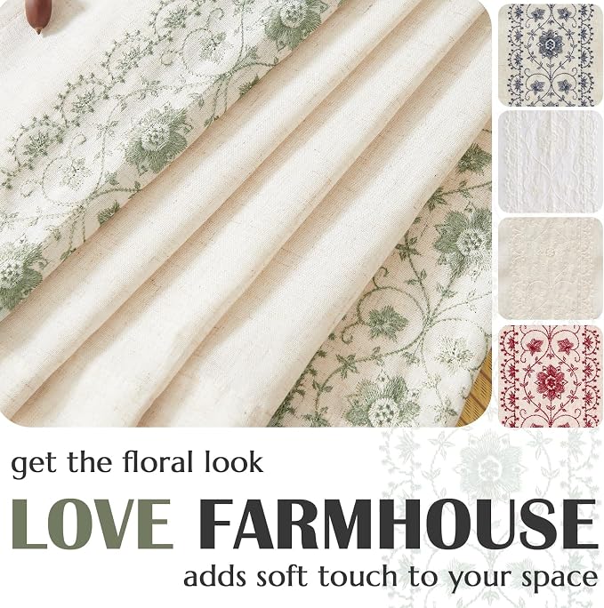 jinchan Weslie Boho Curtains for Living Room Sage Green Vintage Floral Farmhouse Curtains 108 Inches Long Linen Drapes for Bedroom Embroidered Extra Long Light Filtering Drapes 2 Panels