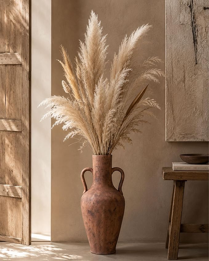 20.5in Tall Ceramic Floor Vase with Vintage Handles, Terracotta | Large Antique Terracotta Ceramic Floor Vase with Beige Speckles and Distressed Markings for Rustic Farmhouse Home Decor