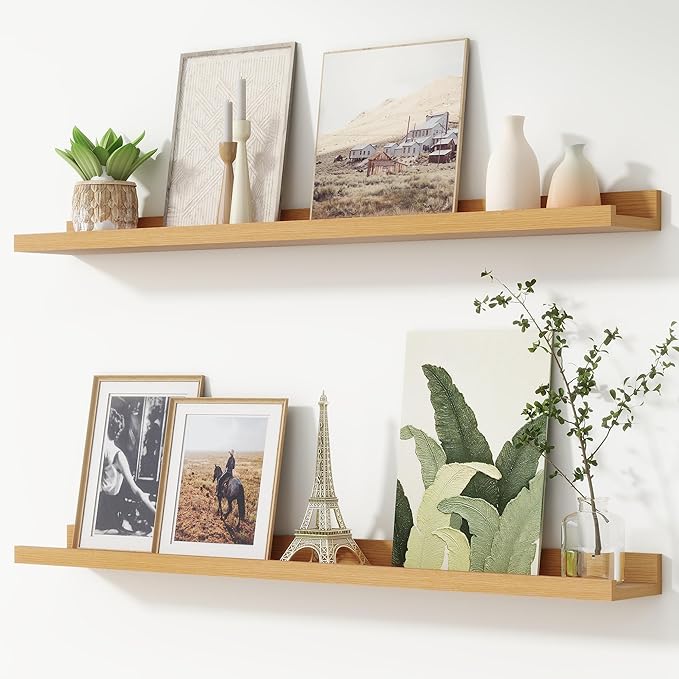 FLYJOE Picture Ledge Shelf, Floating Shelves Set of 2, 40 Inches Nursery Book Shelves for Toys Storage, Kids Bookshelf Wall Mounted for Living Room Bedroom Decor Books Photo Frames, Natural Oak