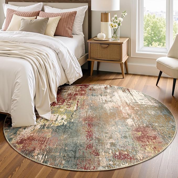 RELEANY Washable Area Rugs 4ft Non-Slip Modern Abstract Soft for Living Room Entryway Bedroom Nursery, Print Pattern, Brown Rust Red Green Blue Multi