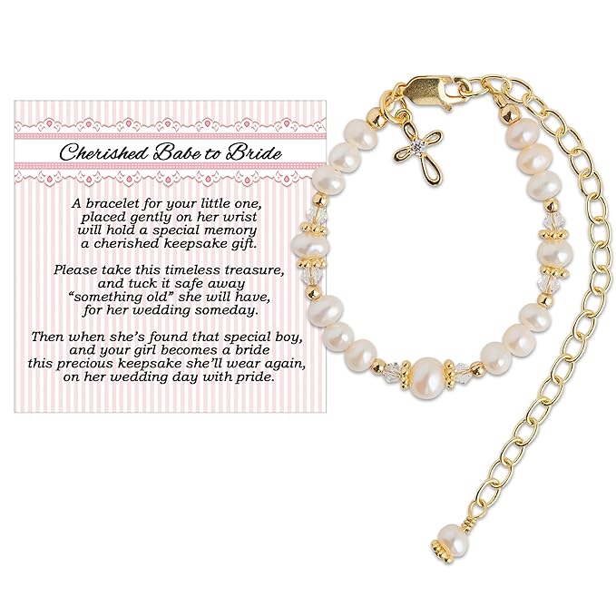 Cherished Moments 14K Gold-Plated Cherished Babe to Bride Cross Bracelet Gift for Infant Baby Baptism, Christening or Dedication with Cultured Pearls