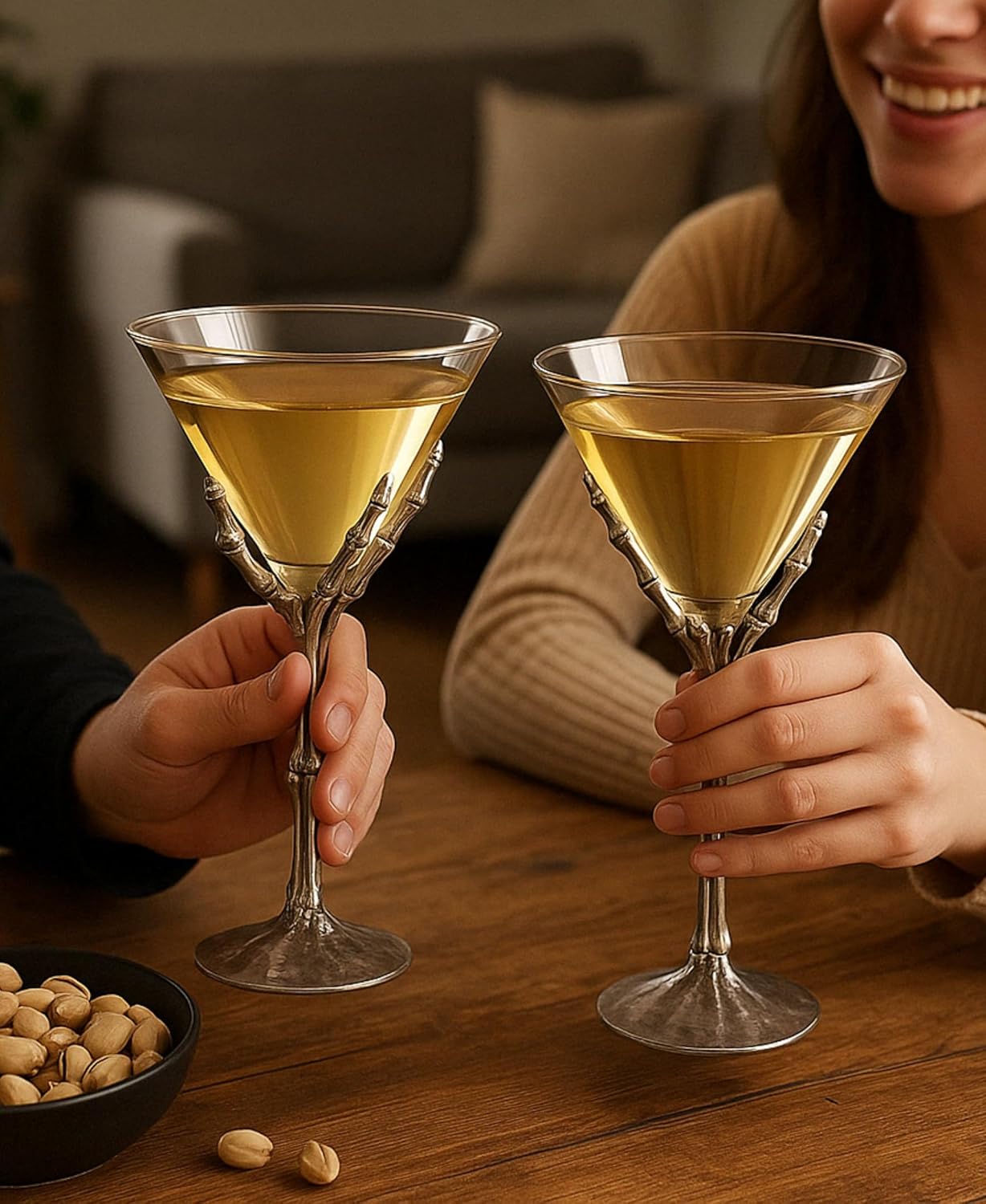 Stemmed Skeleton Martini Glasses Set of 2 – 9" Gothic Skeleton Hand Cocktail Glasses – Spooky Halloween Barware for Drinks, Wine & Martinis – Goth Party Decorations, Skeleton Gifts & Unique Glass Set