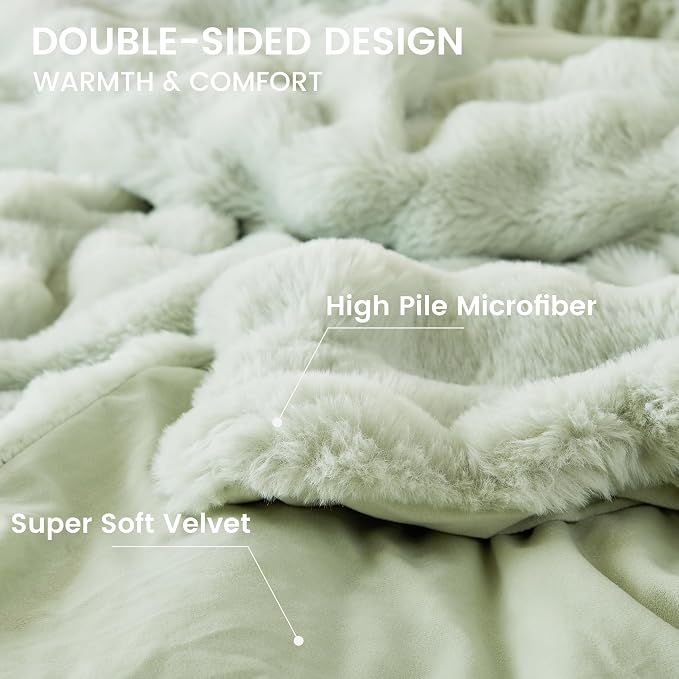 Simple&Opulence Fluffy Faux Fur Comforter Set, Plush Fuzzy Minky Bedding Set, 3 Pieces Warm Soft Comforter Bedding Set for Winter - 1 Shaggy Comforter with 2 Pillow Shams(King, Light Green)