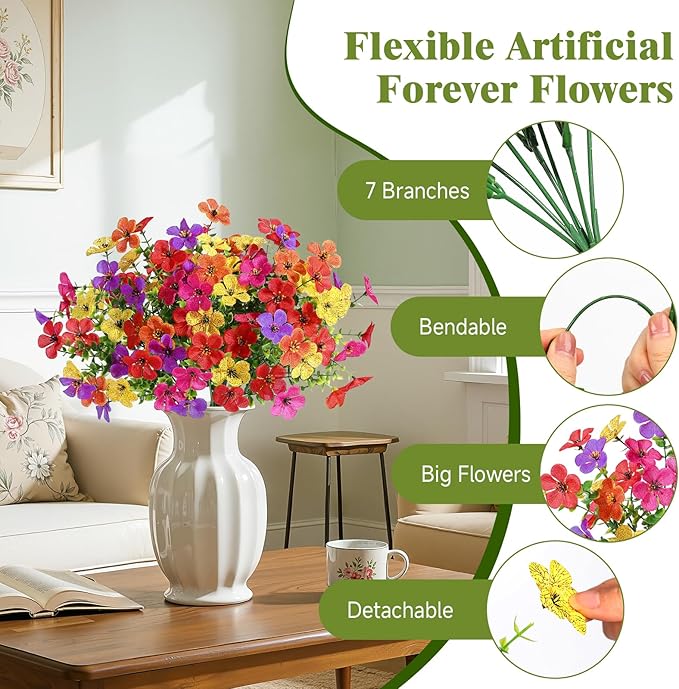 Alupssuc 20 Bundles Artificial Flowers for Outdoor Indoor Decoration, UV Resistant No Fade Fake Plants Eucalyptus, Colorful Faux Spring Flowers for Outside Yard Porch Patio Garden Home Window Box