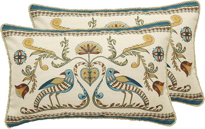 patdrea French Vintage Linen Throw Pillow Cover,12"x20",Set of 2-Wensel C | Decorative Pillow Case,Bird and Floral Pattern,Cushion Coverfor Couch Living Room Bedroom Sofa