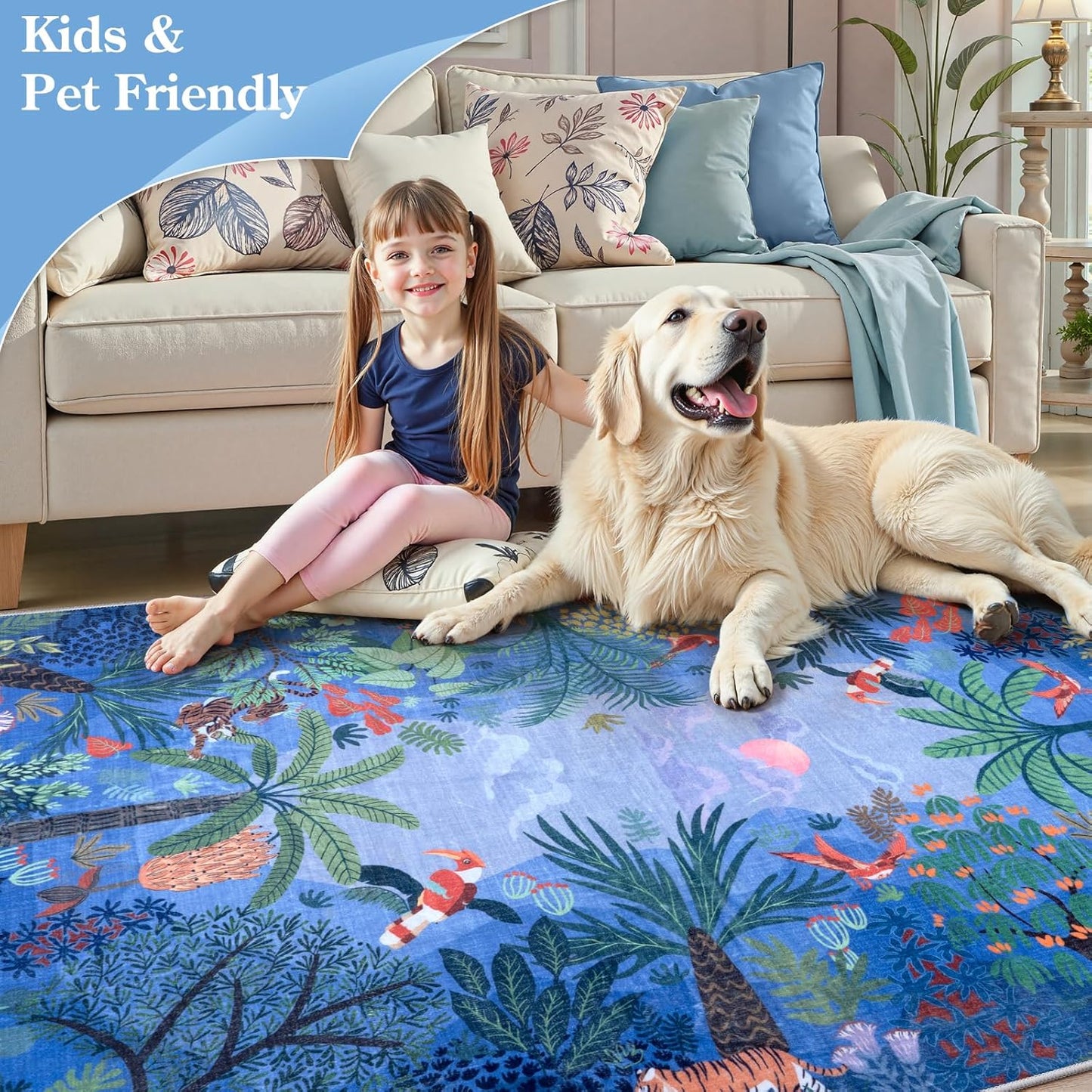 LIVEBOX Washable Jungle Animal Print Rugs 9x12 Blue Rugs for Living Room, Stain Resistant Soft Kids Area Rugs for Bedroom, Non-Skid Modern Dining Room Rug Floor Carpet for Playroom Kids Nursery