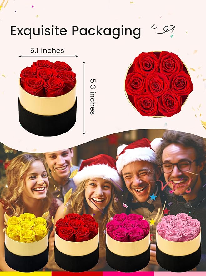 Beaulasting Long Lasting Preserved Roses in a Box Last a Year Forever Flowers for Her Mom Wife Anniversary Birthday (Round Black and Gold Box, Red)