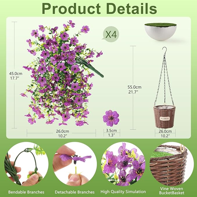 Artificial Flowers Hanging Baskets, 4 Bundles Outdoor Hanging Basket Spring Summer Decoration, No Fade Realistic Fake Flowers Plants for Porch Patio Balcony Home Yard Decor(Purple)