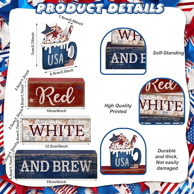 CroBlissful 4 Pcs 4th of July Decorations Patriotic Memorial Day Tabletop Decoration Red White Blue Table Centerpieces USA Coffee Sign for Office Tiered Tray Home Shelf 250th Anniversary