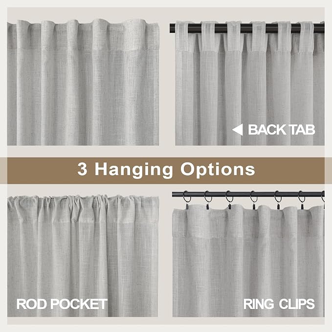 Gray Curtains 54 Inch Length for Boys Bedroom 2 Panels Pocket Back Tab Linen Sheer Subtle Woven Cotton Textured Light Reducing Grey Short Curtains for Childrens Room Playroom Bathroom 52 x 54 Long