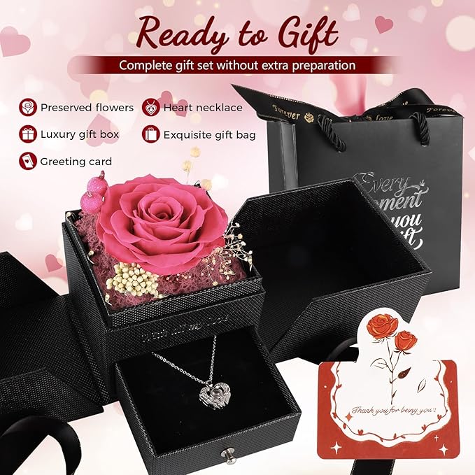 TranquilBliss Gifts for Mom, Preserved Real Pink Rose Gift Box with Heart Necklace,“I Love You” in 100 Languages, I Love You Eternal Flowers Rose Gift Set for Mother's Day, Anniversary