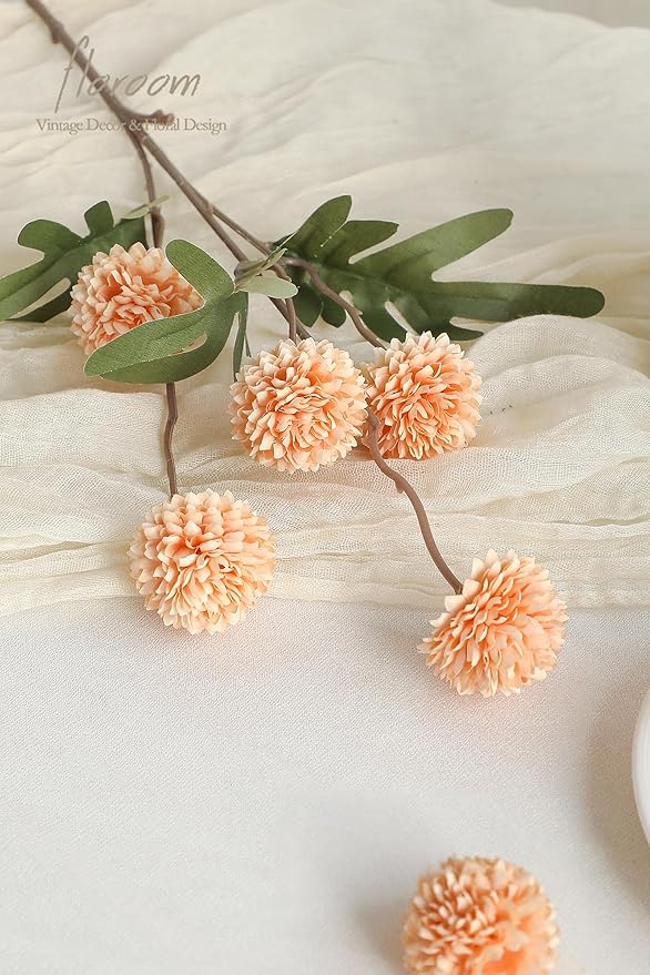 Floroom 6pcs Apricot Peach Faux Silk Mums Artificial Flowers, Bulk Fake Small Mini Chrysanthemums with Stems for DIY Wedding Centerpieces Floral Arrangements Vase Fillers Home Decorations