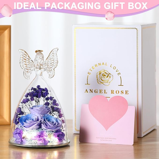 Mothers Day Rose Gifts for Women Preserved Real Flower in Glass Angel Figurines Roses for Delivery Prime Birthday Gifts for Mom Grandma Girlfriend Wife Her, BluePurple