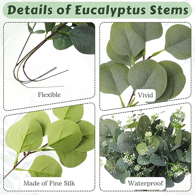 Eucalyptus Leaves Stems 200 PCS, 4 Kinds Mixed Artificial Greenery Stems for Wedding Decor Vase Floral Arrangement Centerpiece