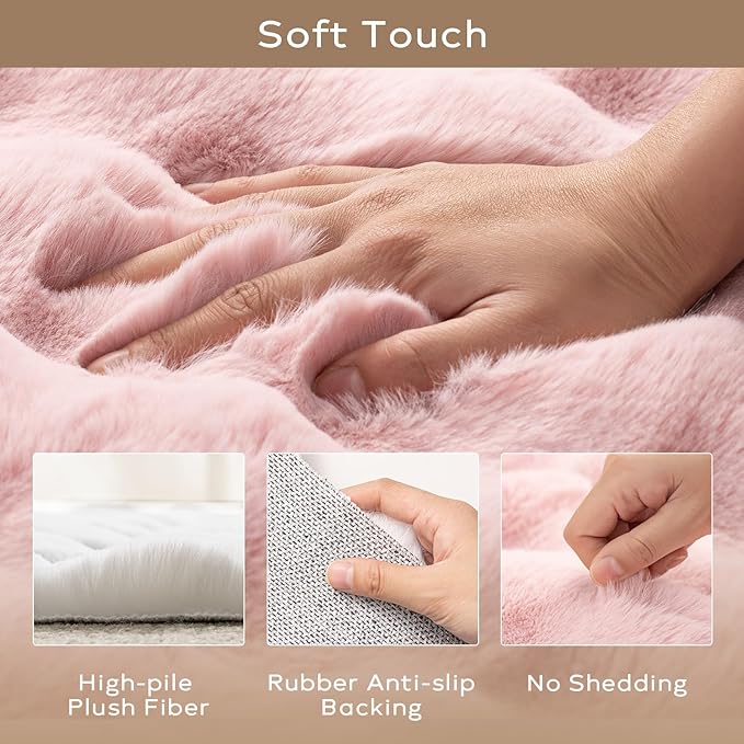 Ashler Faux Rabbit Fur Rug, Pink 4x6 FT Fluffy Soft Area Rugs, Rectangle Fuzzy Carpet for Living Room, Bedroom, Machine Washable Rug - 3D Bubble Mat