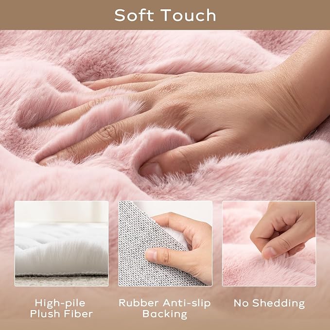 Ashler Faux Rabbit Fur Rug, Pink 6x9 FT Fluffy Soft Area Rug, Rectangle Fuzzy Carpet for Living Room, Bedroom, Machine Washable - 3D Bubble Mat