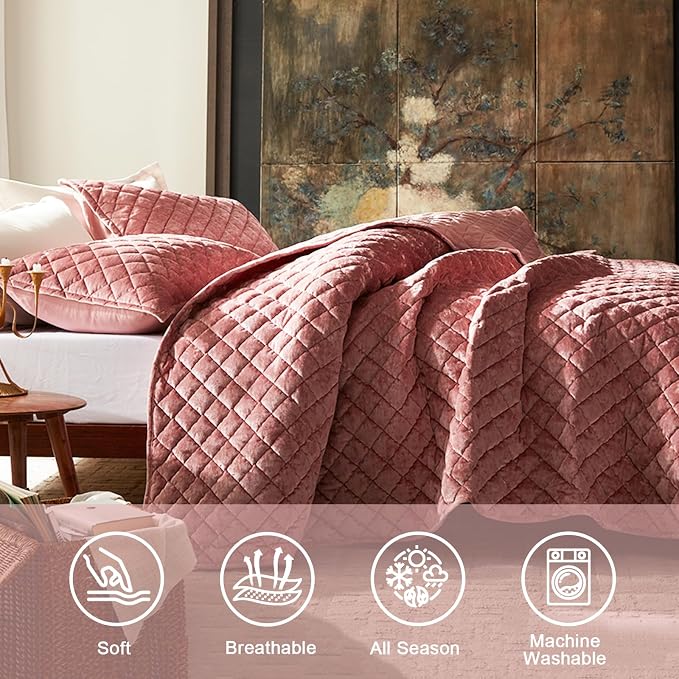 Cosybay Luxury Velvet Quilt Set Queen, Lightweight Oversized Bedspread Coverlet Quilted Box Stitch Bedding Set, with 2 Matching Pillow Shams, for All Season, Rose Pink