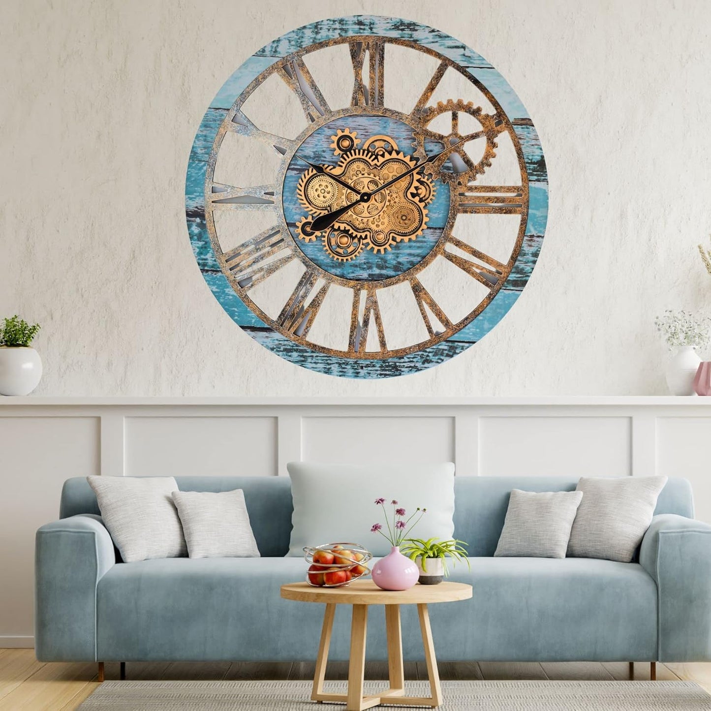 The Gears Clock 36'' Inch Real Moving Gear Wall Clock Vintage Industrial Oversized Rustic Farmhouse (Aqua Green)