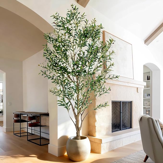 8FT Artificial Olive Tree with Realistic Leaves & Natural Trunk, Faux Silk Olive Plant in White Planter, Tall Fake Tree for Modern Home Office Living Room Entryway Corner Decor, Maintenance Free
