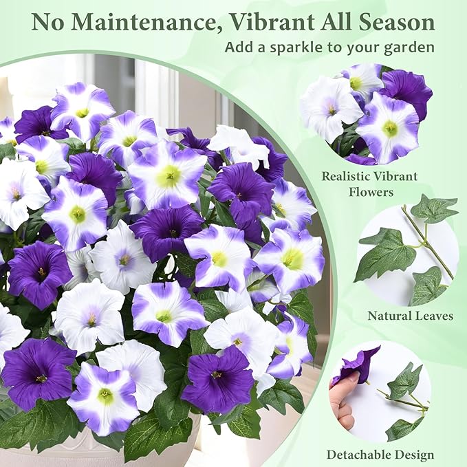 MARTINE MALL Artificial Flowers for Outdoors, 4 Bundles Realistic Fake Outdoor Flowers, UV Resistant Silk Petunia Flower for Outside Look Real Faux Flower Plants for Outdoor Porch Decor, Purple White