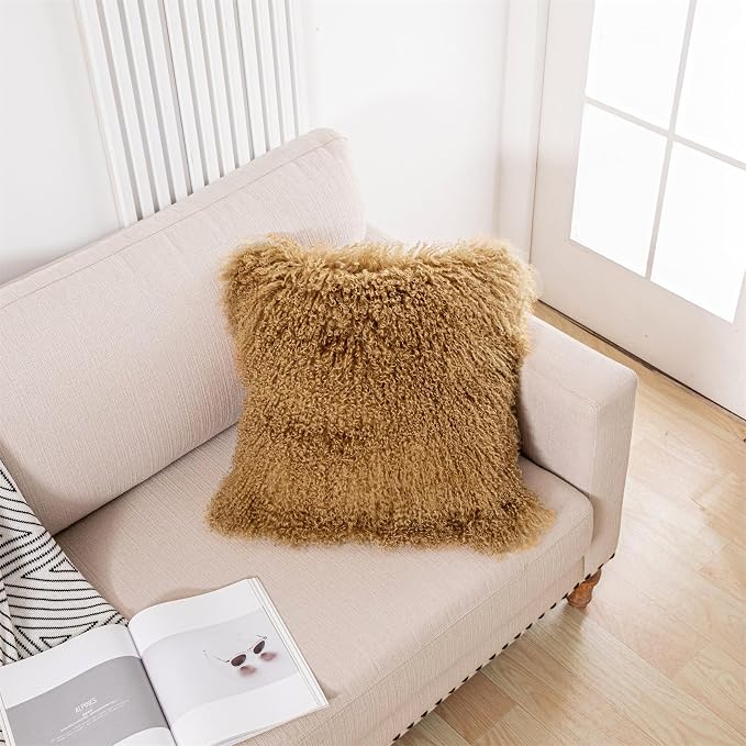 Mongolian Lamb Fur Throw Pillow Cover Real Fur Sheepskin Throw Square Cushion Fluffy Curly Wool Soft for Living Rooms Khaki 20X20in