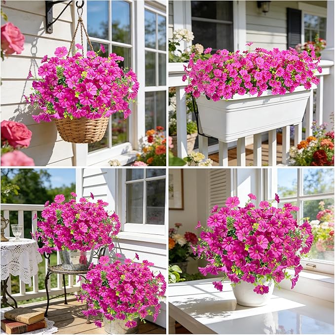 Ouddy Decor 24 Bundles Artificial Flowers for Outdoors, Fake Petunias Flowers Silk Morning Glory with Eucalyptus Faux Plants for Indoor Outside Spring Summer Yard Garden Porch Home Decor, Rose Red