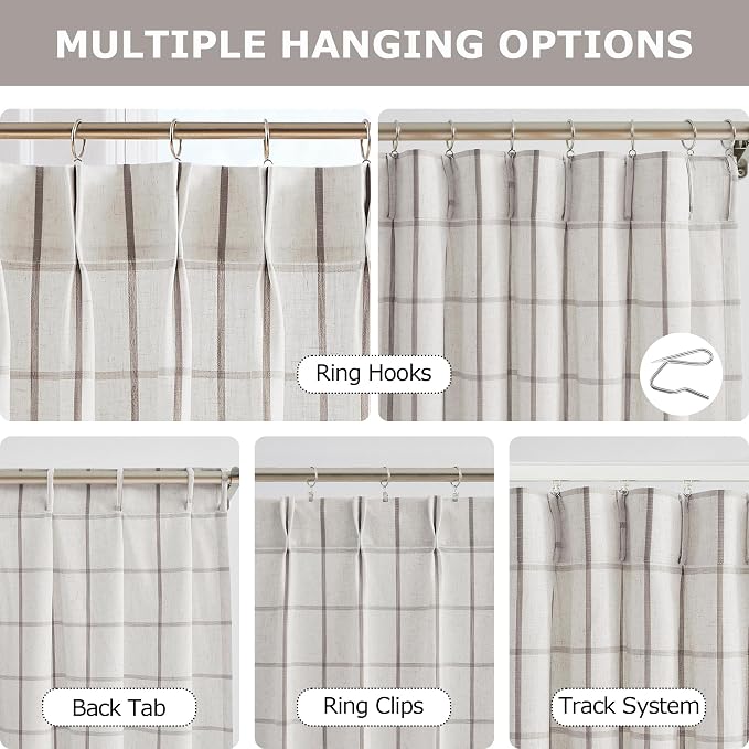 Vision Home Tan Plaid Linen Pinch Pleated Tier Curtains 24 inch, Checkered Semi Sheer Kitchen Curtains with Back Tab & Hooks, Light Filtering Small Window Panels for Bathroom Laundry, 25" Wx24 Lx2