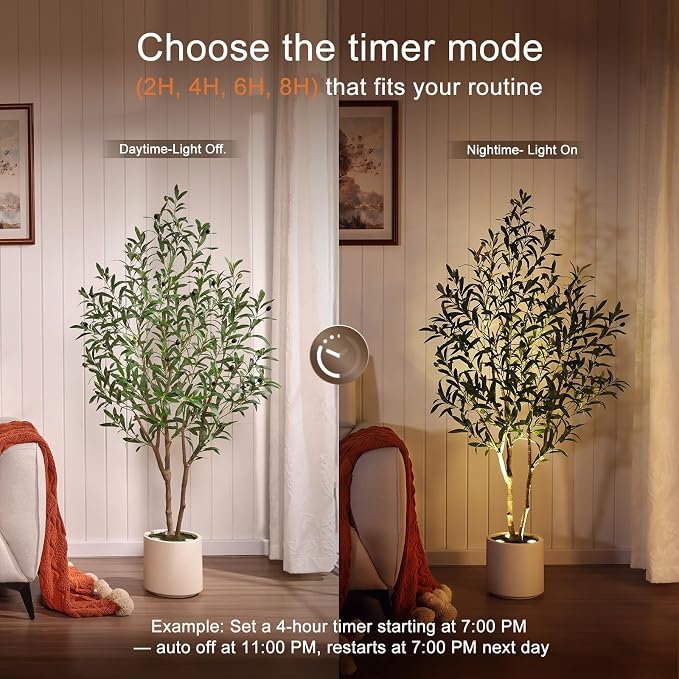 Verinatural Artificial Olive Tree Faux Plants Indoor - 5FT Tall Fake Tree with Remote LED Spotlights, Cylinder Round White Planter - for Modern Home Office Living Room Floor Display, VN214