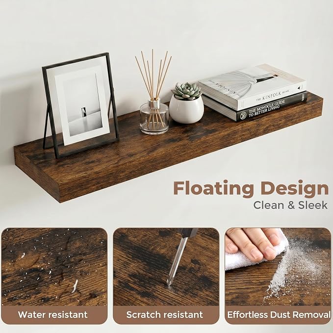 30 Inch Floating Shelves for Wall, 8"D Wood Storage Shelves, Brown Finish | Engineered Wood, Invisible Bracket, Large Storage, Easy Install, Hold Up to 44lbs, Living Room, Bathroom, Bedroom, Kitchen