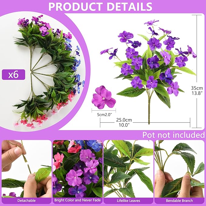 Artificial Impatiens Flowers for Outdoors, 6 Bundles Multicolor Silk Fake Flowers for Spring Summer Decoration, UV Resistant Faux Plants Plastic Bouquet for Home Planter Porch Patio Yard Decor