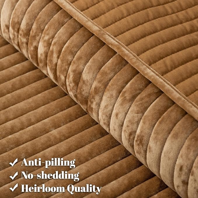 PHF Luxury Velvet Quilt Set Queen Size – 3PCS Ultra Soft Quilted Comforter Alternative with Striped Channel, Cozy Quilted Bedspread, 1 Coverlet with 2 Matching Shams, 90" x 92", Rusty Burnt Orange