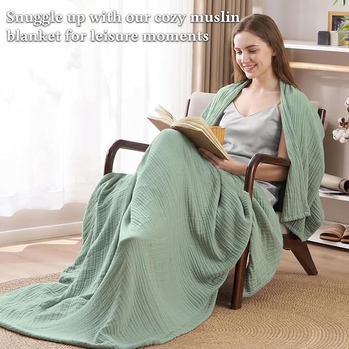 David's Home Soft Muslin Blanket Throw Size for Adults, 60% Rayon 40% Cotton, Breathable Lightweight Cooling Blanket for Hot Sleepers, 4-Layer Cozy Gauze for Bed, 50"x60", Sage Green