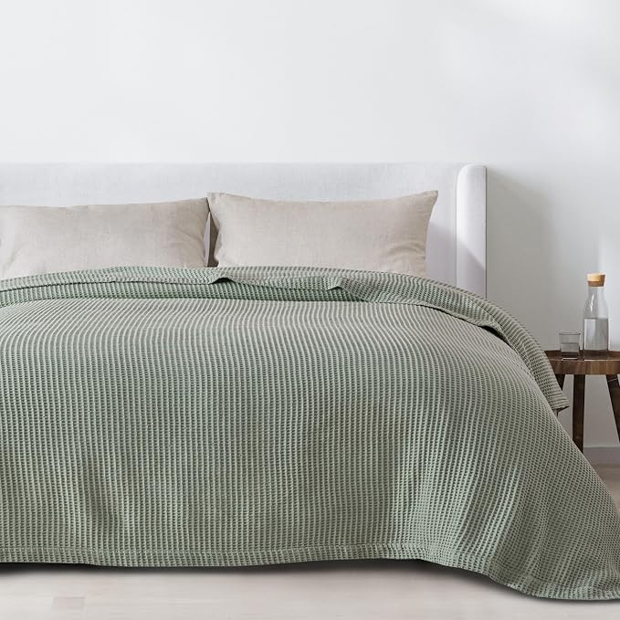 100% Cotton Green Blanket Full/Queen Size for Bed - Breathable and Soft, Waffle Weave for Summer Spring, 90x90 Inches (Eucalyptus)