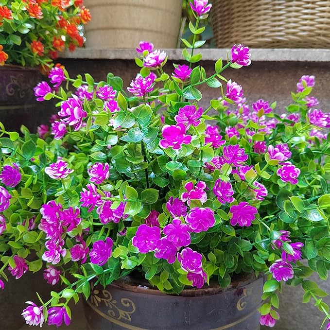Grunyia 12 Bundles Artificial Flowers for Outdoors, UV Resistant Fake Flowers with Plastic Plants, Faux Flowers for Outside Window Box Front Porch Hanging Planter Decor (Magenta)