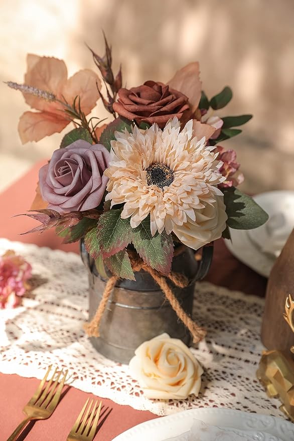 rongflower Artificial Flowers Combo Set Fake Flower Leaf Box with Stems for DIY Wedding Bouquets Centerpieces Flower Arrangements Decorations Baby Shower Party Home Decorations Champagne Purple