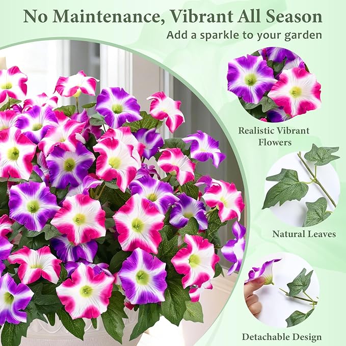 MARTINE MALL Artificial Flowers for Outdoors, 4 Bundles Realistic Fake Outdoor Flowers, UV Resistant Silk Petunia Flower for Outside Look Real Faux Flower Plants for Outdoor Porch, Fuchsia, Rose Red