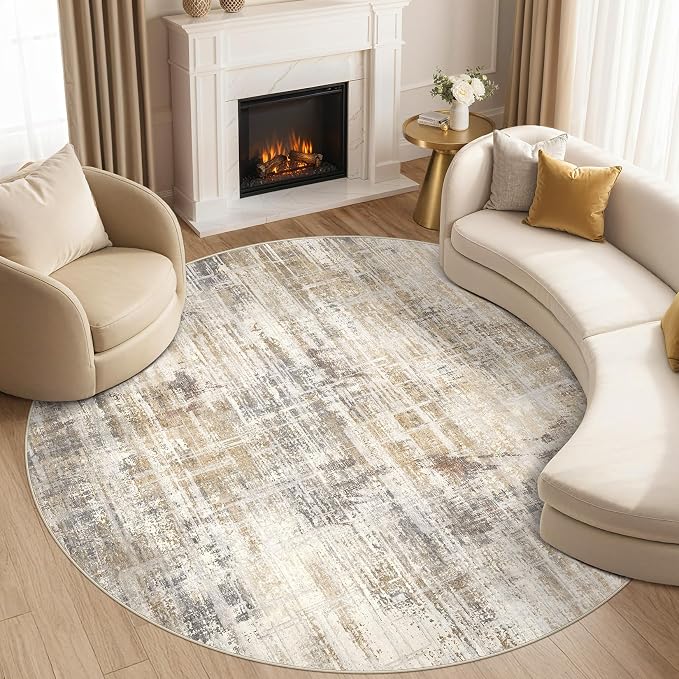 UERMEI 8ft Round Area Rug for Living Room: 8x8 Washable Neutral Abstract Modern Soft Circle Rugs Non Slip Indoor Floor Stain Resistant Carpet for Bedroom Dining Room Office Nursery Golden Brown