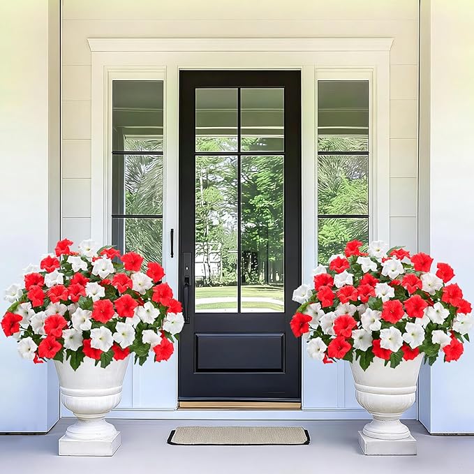 MARTINE MALL Artificial Flowers for Outdoors, 4 Bundles Realistic Fake Outdoor Flowers, UV Resistant Silk Petunia Flower for Outside Look Real Faux Flower Plants for Outdoor Porch Decor, Red White