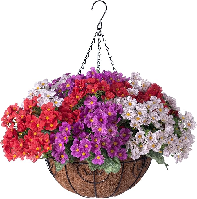 Artificial Fake Hanging Plants Flowers Basket for Spring Outdoor Decoration, Faux Silk Daisy UV Resistant Look Real with Eucalyptus Leaves Summer Decor for Home Patio Garden Outside(Red Purple White)