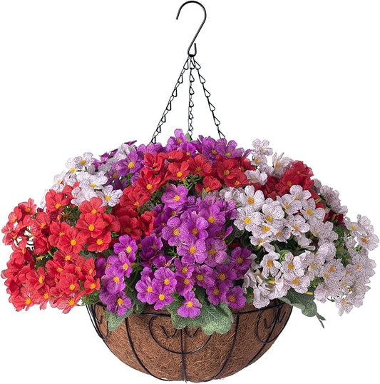 Artificial Fake Hanging Plants Flowers Basket for Spring Outdoor Decoration, Faux Silk Daisy UV Resistant Look Real with Eucalyptus Leaves Summer Decor for Home Patio Garden Outside(Red Purple White)