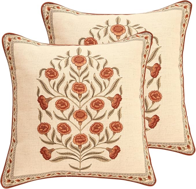 ISAENNE Designer French Linen Throw Pillow Cover,Set of 2,18"x18"-Albano B | Elegant Square Pillow Cover,Concealed Zipper Design,Floral Pattern,Sofas,Bedroom,Living Room,Lounge Chairs,Decor