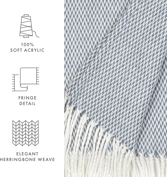 Linen Market Beddings Elevate Your Comfort with Herringbone Throw Blanket - Luxurious Woven Ultra Soft Acrylic - Sized 50" W x 60" L - Fringed Edges - Lightweight Layer for Bed or Sofa (Dusk Blue)