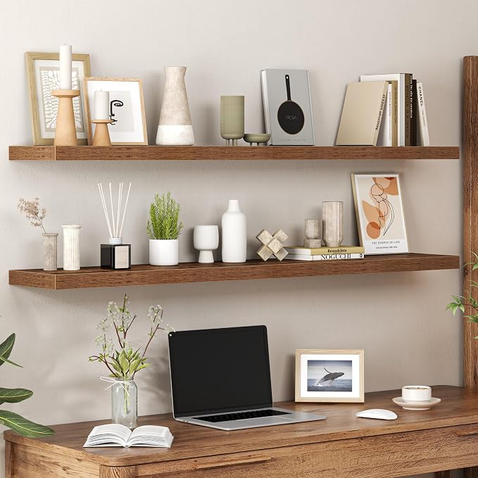 Heimlove 55 Inch Long Floating Shelves for Wall,9.3" Deep Rustic Brown Floating Shelf Set of 2,Large Display Shelf & Storage Shelf,Wall Mounted Shelves for Bedroom Living Room Kitchen Office